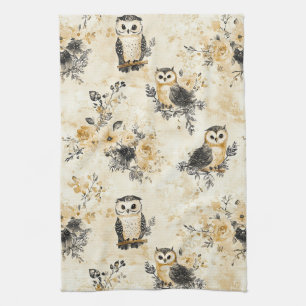 Neutrales Beige-Eulen-Blumen-Botanik-Muster Geschirrtuch