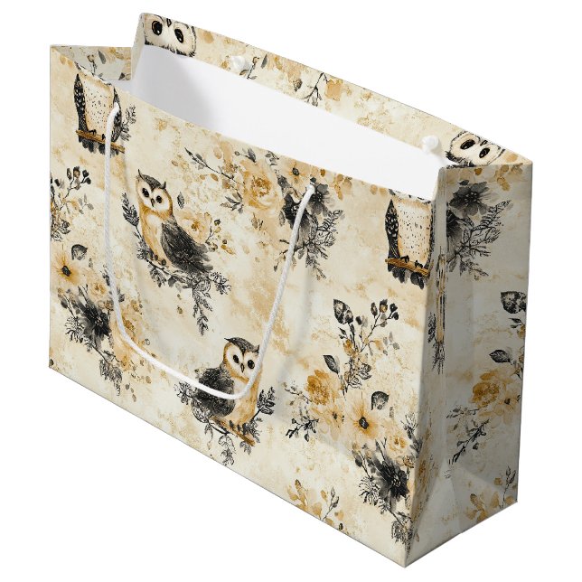 Neutrales Beige-Eulen-Blumen-Botanik-Muster Große Geschenktüte (Vorderseite Schrägansicht)