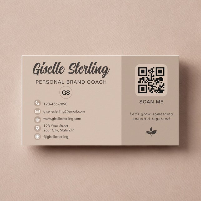 Neutrales Beige-QR-Code-Monogramm Social Media  Visitenkarte (Von Creator hochgeladen)