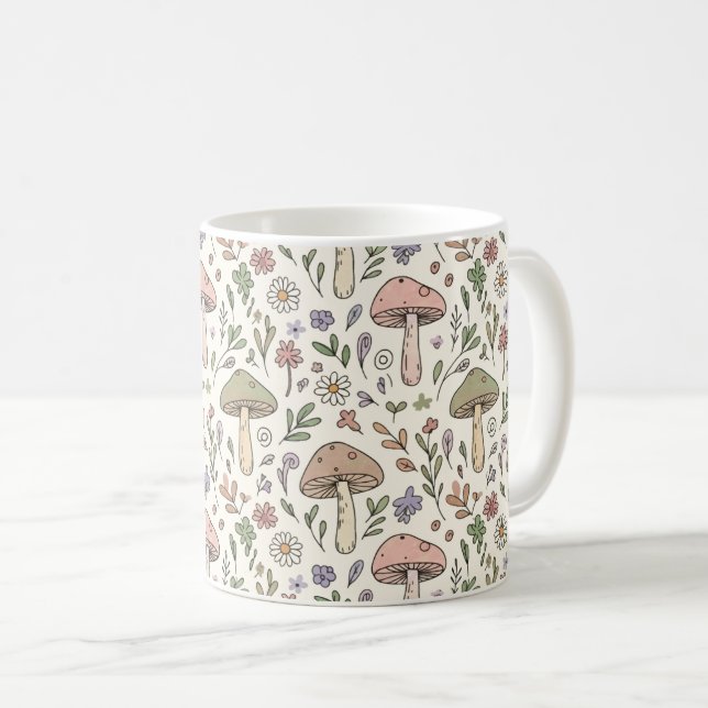 Neutrales Beiges Erdige Pilze Nahtloses Muster Kaffeetasse (VorderseiteRechts)