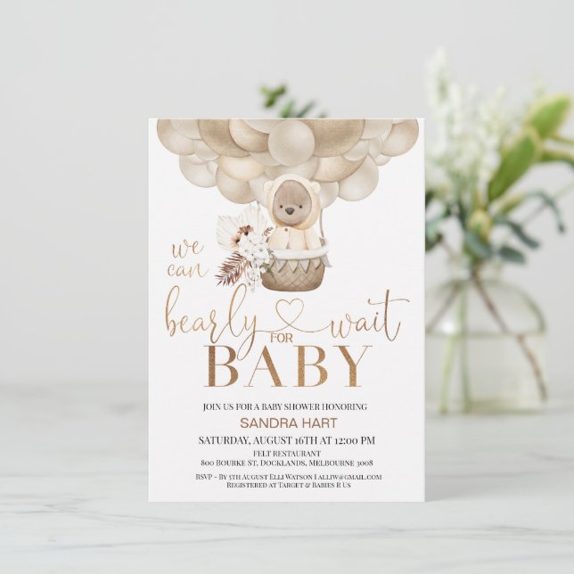 Neutrales Boho Bearly Wait Baby Shower Einladung (Stehend Vorderseite)