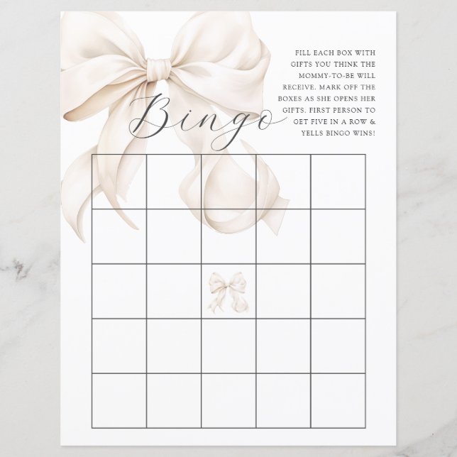 Neutrales Bow Baby Shower Bingo Game (Vorderseite)