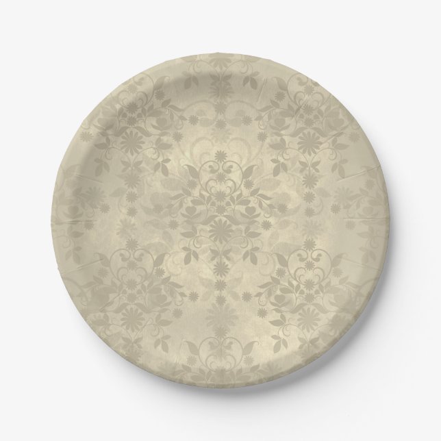 Neutrales Cream Tan DoppelDamaskus-Muster Pappteller (Vorderseite)