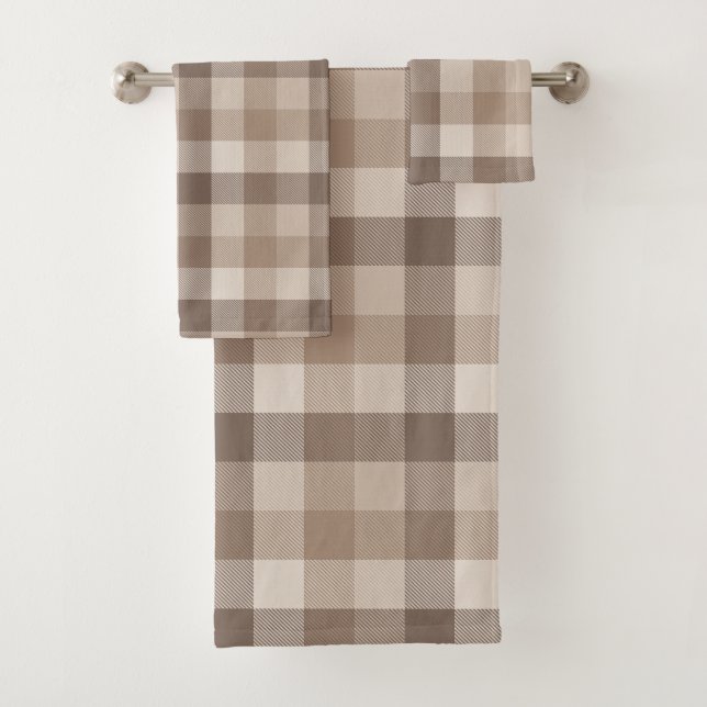 Neutrales Erdbraun Kariertes Gingham Karomuster  Badhandtuch Set (Insitu)