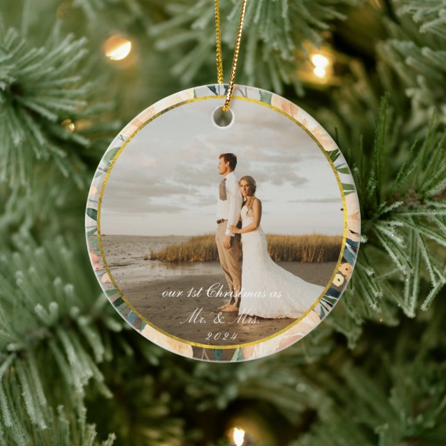 Neutrales Floral Gold Rahmen Erstes Weihnachtsfest Keramik Ornament (Baum)