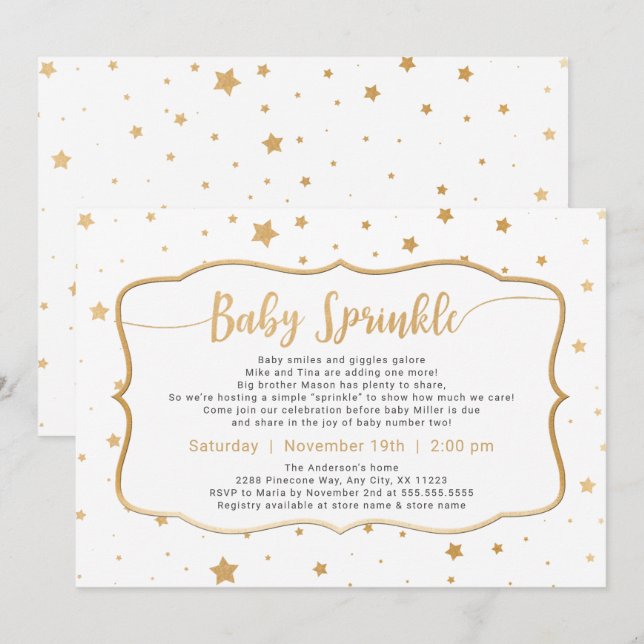 Neutrales Geschlecht Baby Sprinkle - weiße Goldste Einladung (Vorne/Hinten)