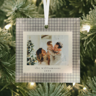 Neutrales Gingham-Familienfoto-Andenken Weihnachte Ornament Aus Glas
