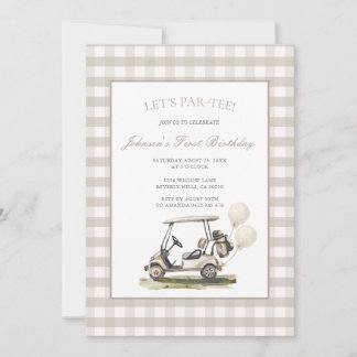 Neutrales Gingham-Golfcart-Jungen-Geburtstag Einladung