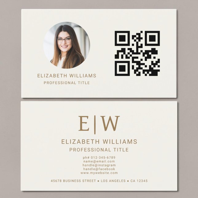 Neutrales Gold QR Code Foto Monogramm Visitenkarte (Von Creator hochgeladen)