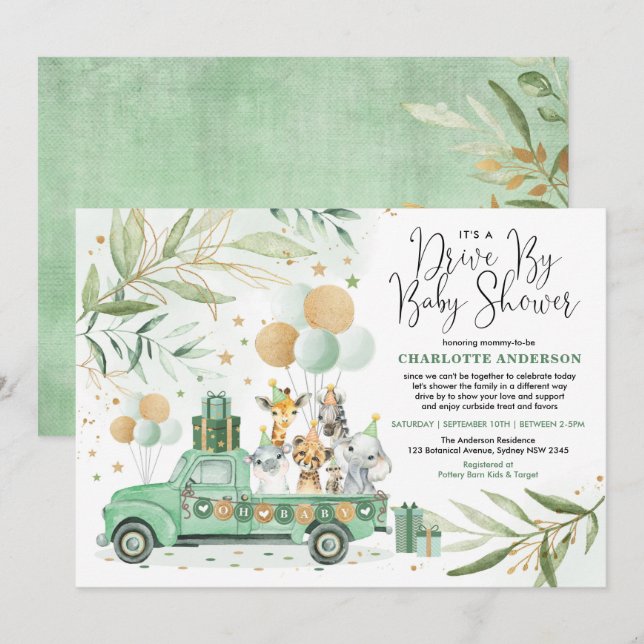 Neutrales Green Safari-Laufwerk mit Babydusche Einladung (Vorne/Hinten)