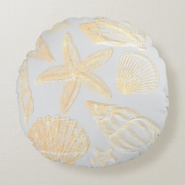 Neutrales Grey Tan Beige Seashell Muscheln Beach H Rundes Kissen (Vorderseite)