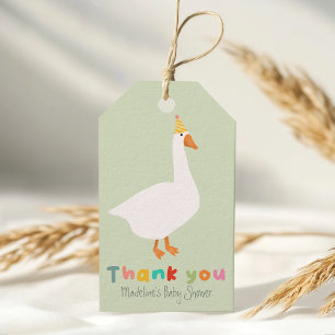 Neutrales Grün Gingham Silly Goose Baby Shower Geschenkanhänger