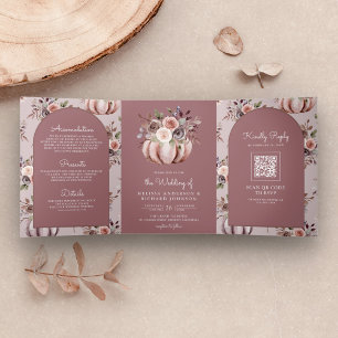 Neutrales Kürbis-Blumen-QR-Code-Staubrose-Hochzeit Dreifach Gefaltete Einladung