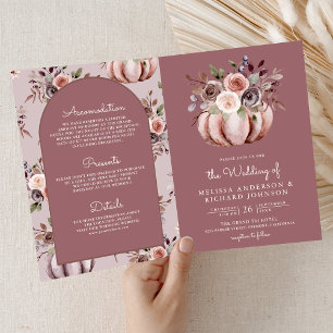 Neutrales Kürbis-Blumen-QR-Code-Staubrose-Hochzeit Einladung