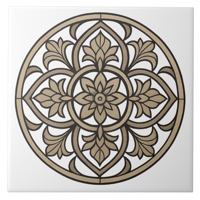 Neutrales Mandala in beiger Keramikfliese (Vorderseite)