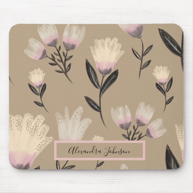 Neutrales Rosé-Blumenmuster | Moderne Botanik Mousepad (Vorne)