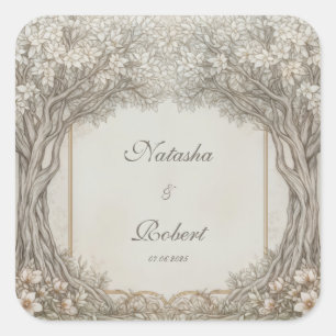 Neutrales Sepia Gravierter Wald Baum Tor Hochzeit Quadratischer Aufkleber