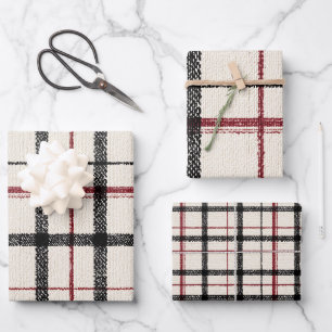 Neutrales Tartan Weiß Schwarz und Rot Geschenkpapier Set