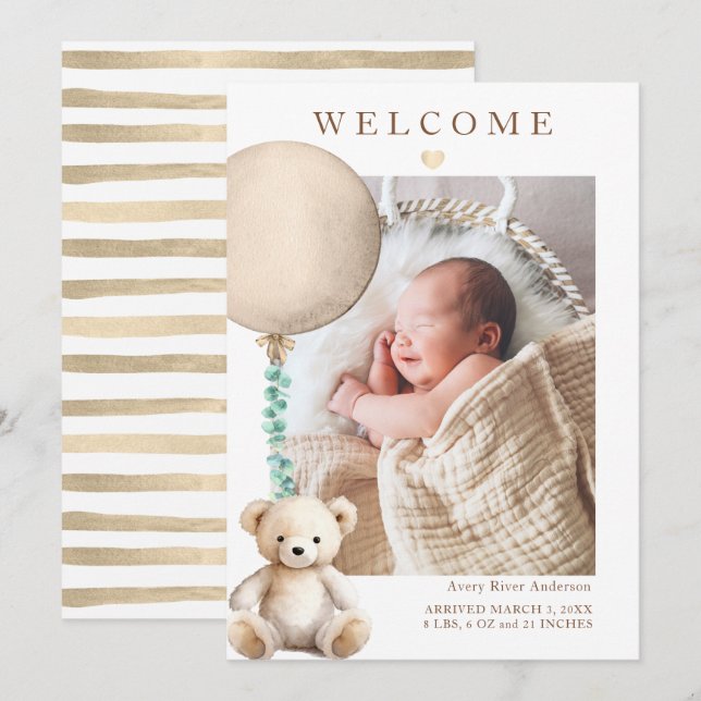 Neutrales Teddy Bear Baby Foto Geburtserklärung Einladung (Vorne/Hinten)