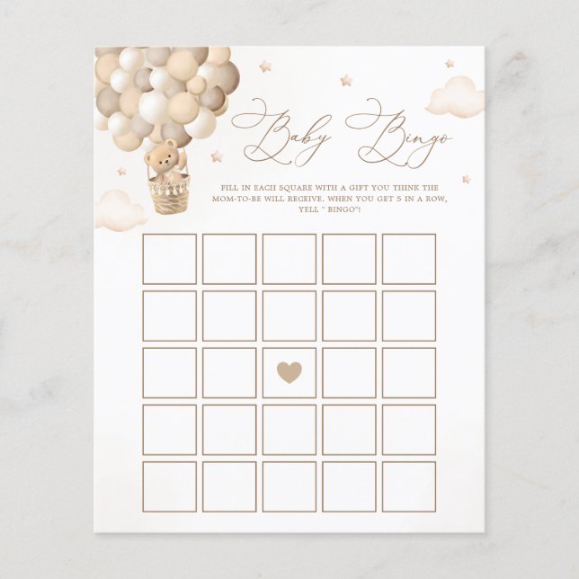 Neutrales Teddy Bear Baby Shower Bingo Spiel (Vorderseite)