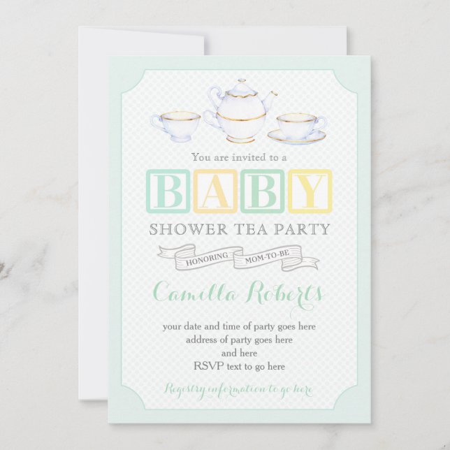 Neutrales Vintages Baby-Duschbad Tee Party Einladung (Vorderseite)