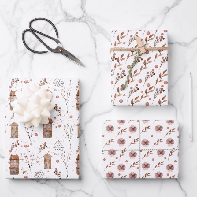 Neutrales Waldland-Set von 3 Flachblechwraps Geschenkpapier Set (Vorderseite)