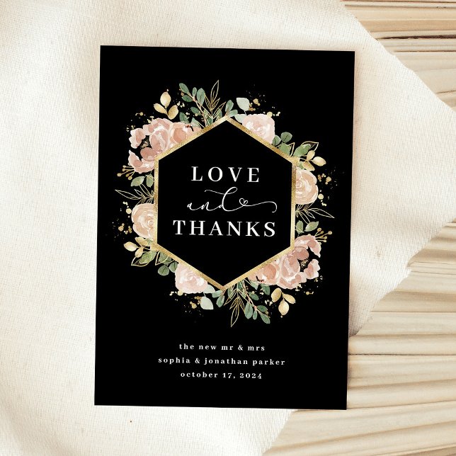 Neutrales Wasserfarbenschwarz | Liebe und Dank Dankeskarte (An elegant wedding thank you card in dark black with faux gold accents and your photo on the back)