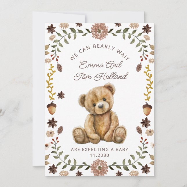 Neutrales Watercolor Teddy Bären Schwangerschaft G Ankündigung (Vorderseite)