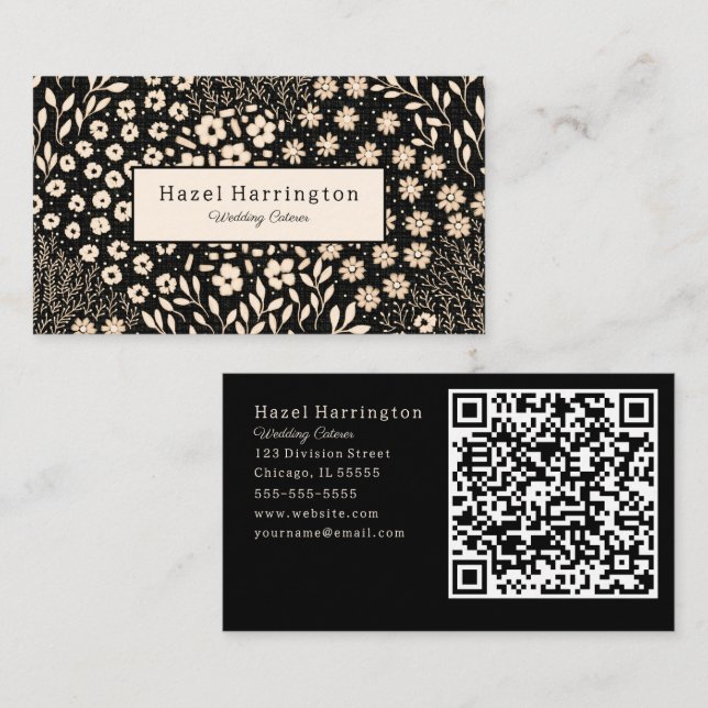 Neutre Floral QR Code Carte de visite Noir Beige (Devant / Derrière)