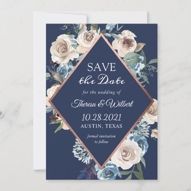 Neutronenblauer Rose Gold Hochzeit Save The Date (Vorderseite)