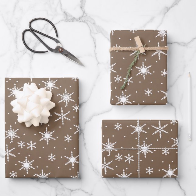 Neutronenbraun Modernes, festes Schneeflockenmuste Geschenkpapier Set (Vorderseite)