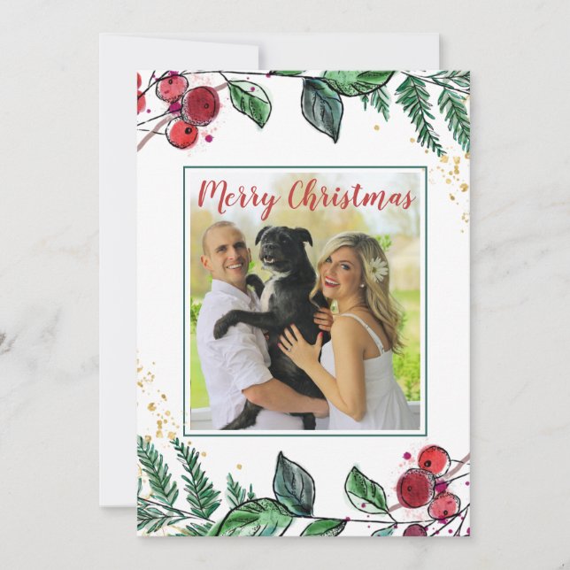 Neuverheiratetes Paar mit Hund Foto Blumenweihnach (Vorderseite)