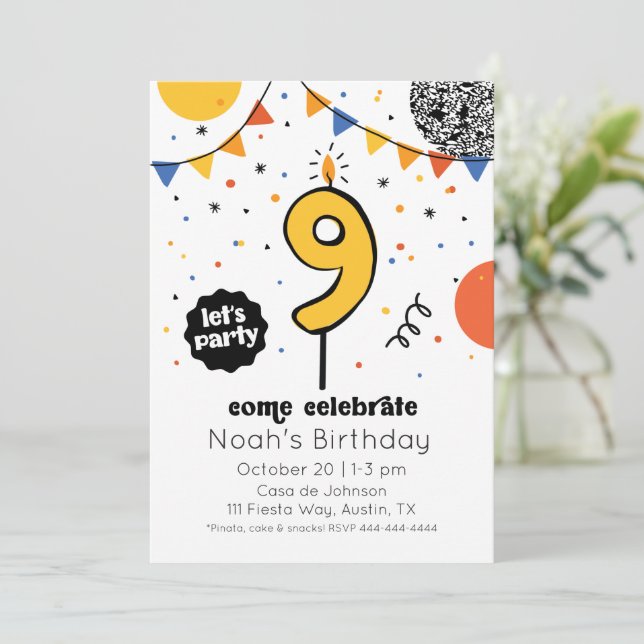 Neuvième anniversaire bougie Doodle Invitation (Debout devant)