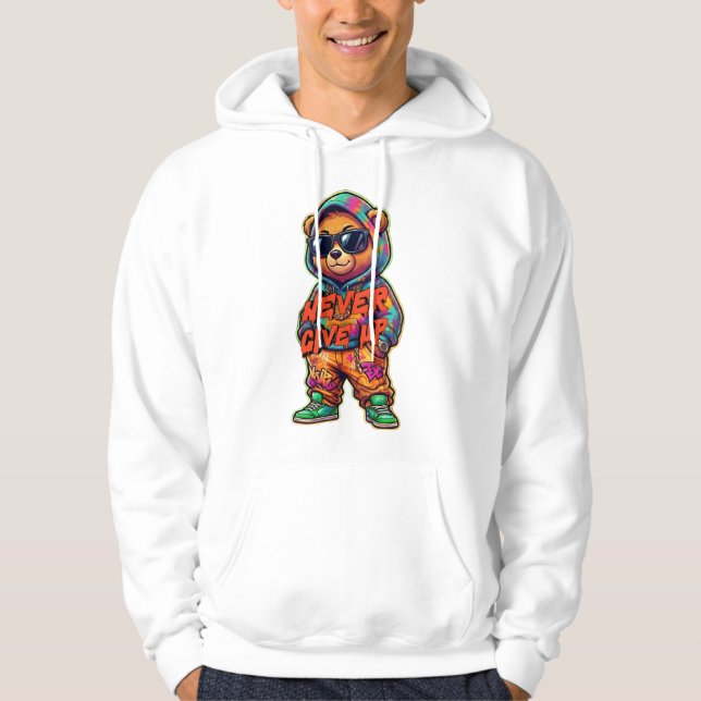 Never Give Up Cool Bear Design Hoodie (Vorderseite)