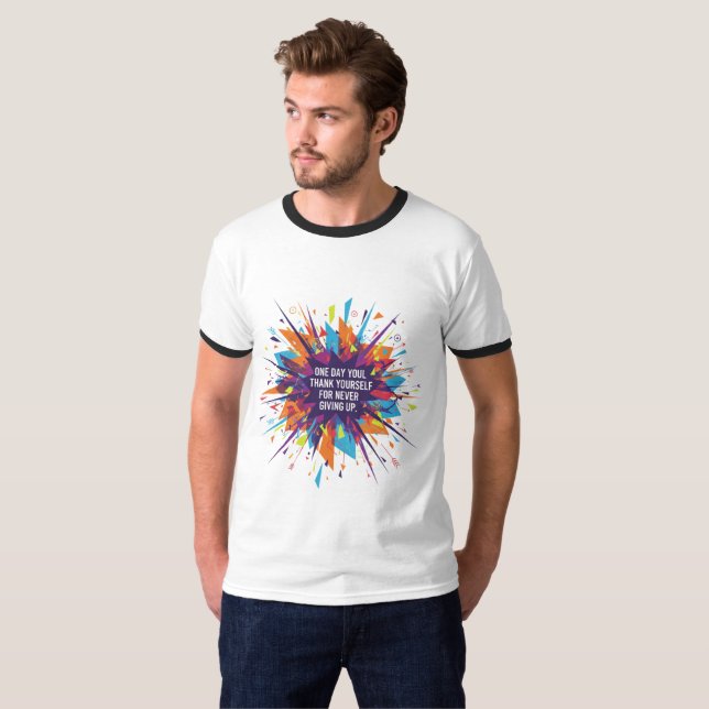 "Never Give Up - Exploding Motivation T-Shirt" T-Shirt (Vorne ganz)