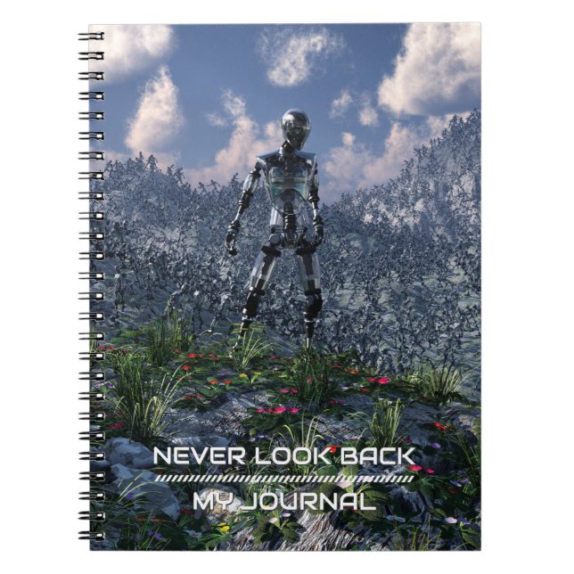 Never Look Back. Futuristic landscape with robots Notizblock (Vorderseite)