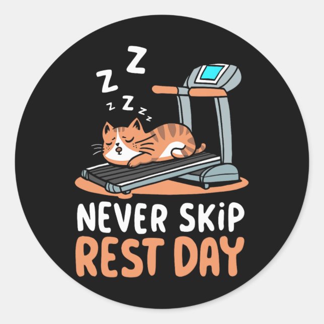Never Skip Rest Day Funny Bodybuilding Cat Workout Runder Aufkleber (Vorderseite)