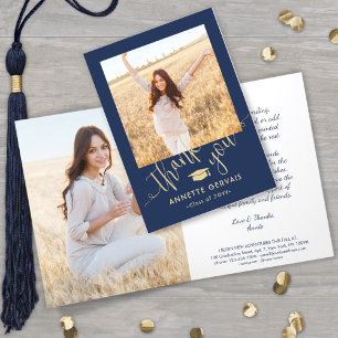New Address & Abschluss Foto Navy Blue & Gold Dankeskarte