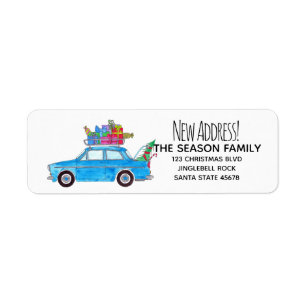 New Address Blue Car mit Weihnachtsgeschenken