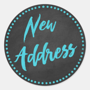 New Address Chalkboard Style Türkis Blue Runder Aufkleber