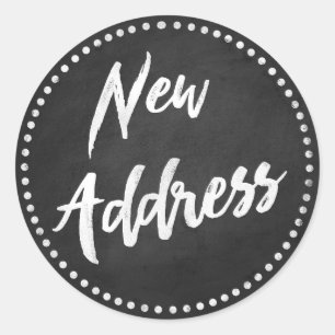 New Address Chalkboard Style White Runder Aufkleber