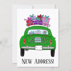 New Address Green Car mit Weihnachtsgeschenken Einladung