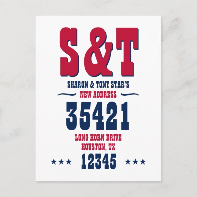 New Address Monogram Red White Blue Personalisiert Postkarte (Vorderseite)