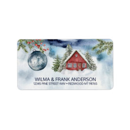 New Address Red Cabin in Snow with Blue Ornament Adressaufkleber