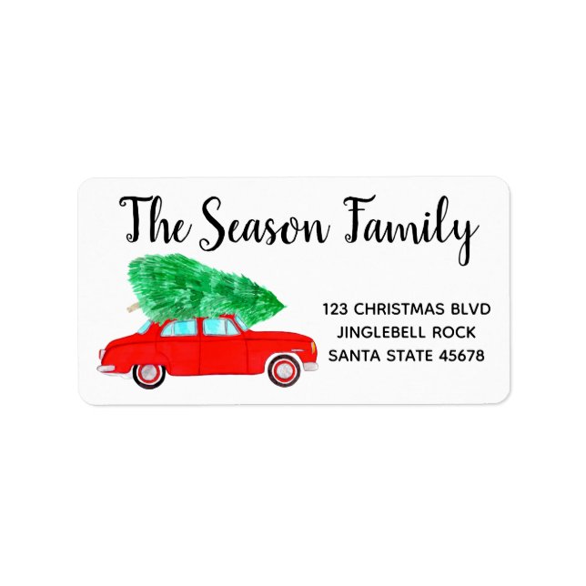 New Address Red Car mit Weihnachtsbaum Aquarell Adressaufkleber (Vorne)