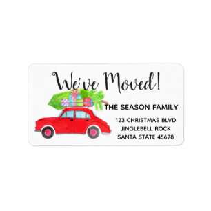 New Address Red Car mit Weihnachtsbaum Aquarell Adressaufkleber