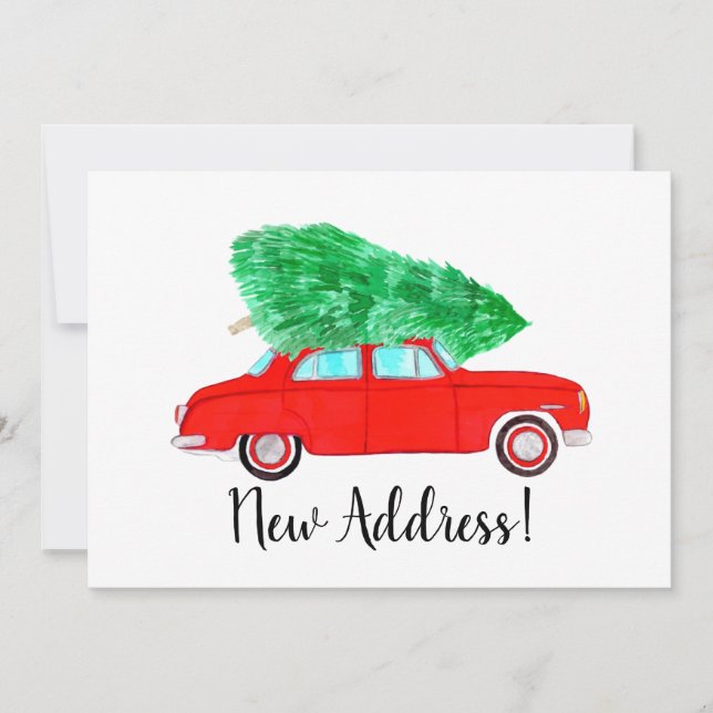 New Address Red Car mit Weihnachtsbaum Aquarell Einladung (Vorderseite)