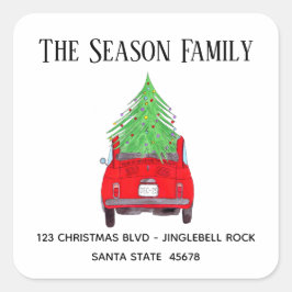 New Address Red Car mit Weihnachtsbaum Quadratischer Aufkleber