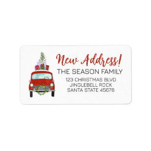 New Address Red Car mit Weihnachtsgeschenke Label Adressaufkleber