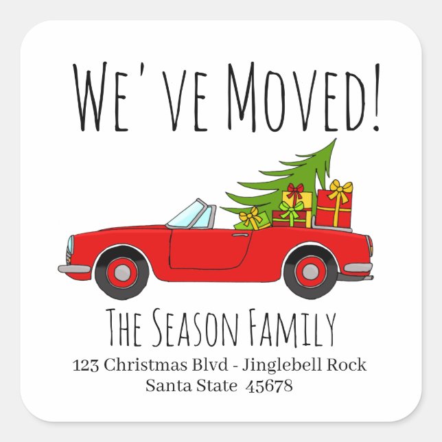 New Address Red Car mit Weihnachtsgeschenken Quadratischer Aufkleber (Vorderseite)